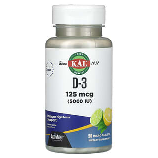 KAL, D-3, Lemon Lime, 125 mcg (5,000 IU), 90 Micro Tablets
