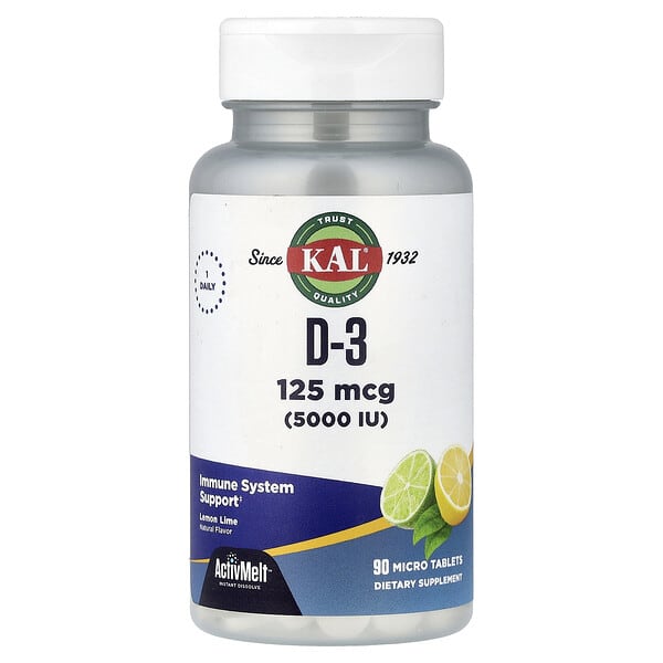 KAL, D-3, Lemon Lime, 125 mcg (5,000 IU), 90 Micro Tablets (Discontinued Item) — product photo 1