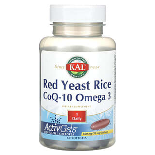 KAL, Levure de riz rouge, CoQ-10, oméga-3, 60 capsules à enveloppe molle