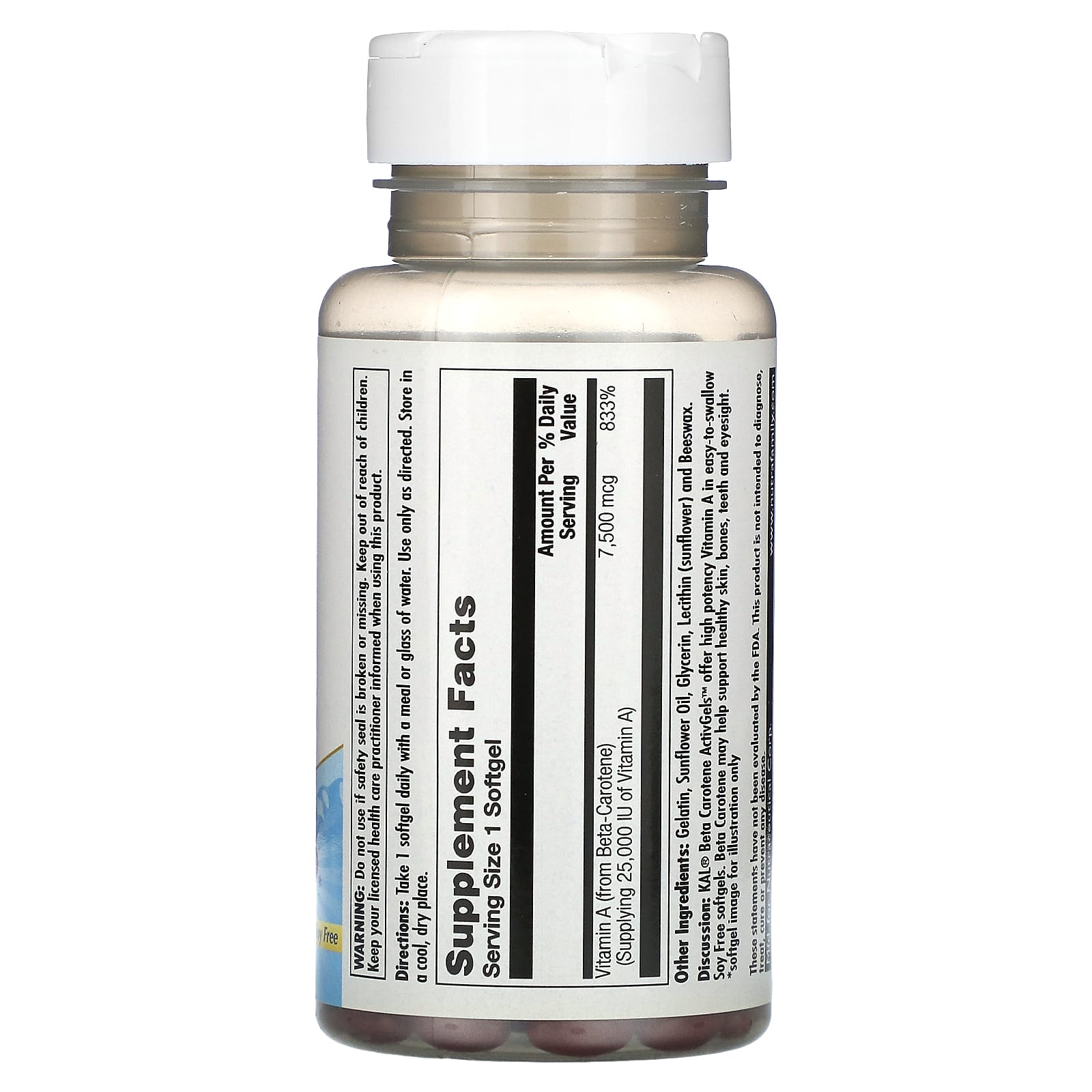 KAL, Beta Carotene, 7,500 mcg (25,000 IU), 100 Softgels