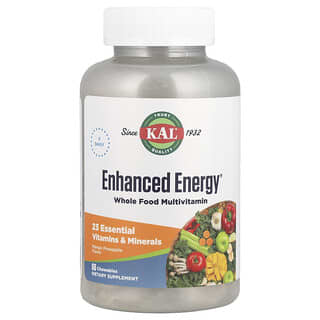 KAL, Energía mejorada, Suplemento multivitamínico a base de alimentos integrales, Mango y piña, 60 comprimidos masticables