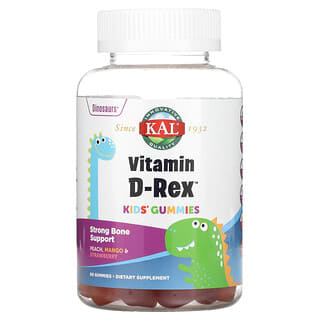 KAL, Gommes à la vitamine D-Rex pour enfants, 60 gommes à la pêche, à la mangue et à la fraise