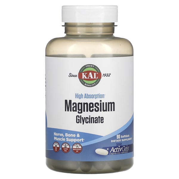 KAL High Absorption Magnesium Glycinate, 90 Softgels (105 mg per Softgel)