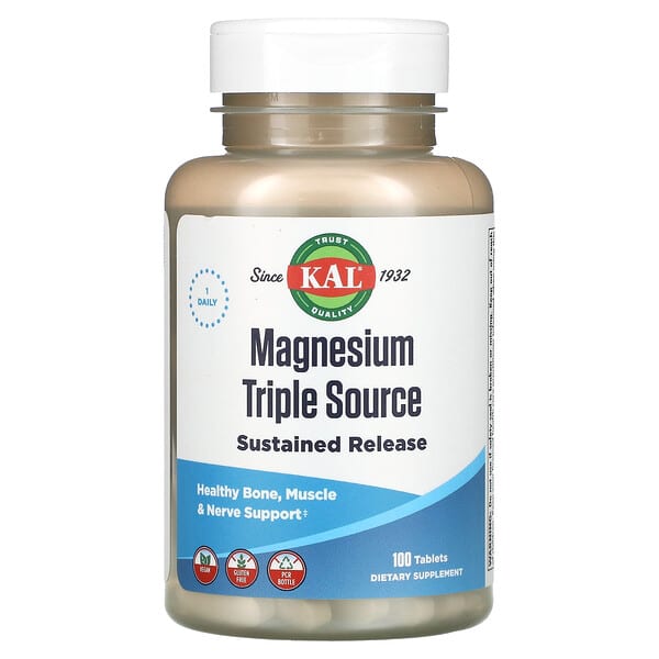 KAL‏, מגנזיום ממקור משולש Magnesium Triple Source SR, ‏500 מ"ג, 100 טבליות