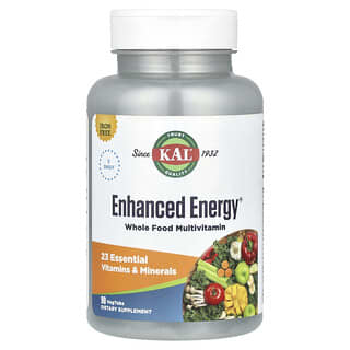 KAL, Enhanced Energy, Multivitamínico Integral, Sem Ferro, 90 Comprimidos Vegetarianos