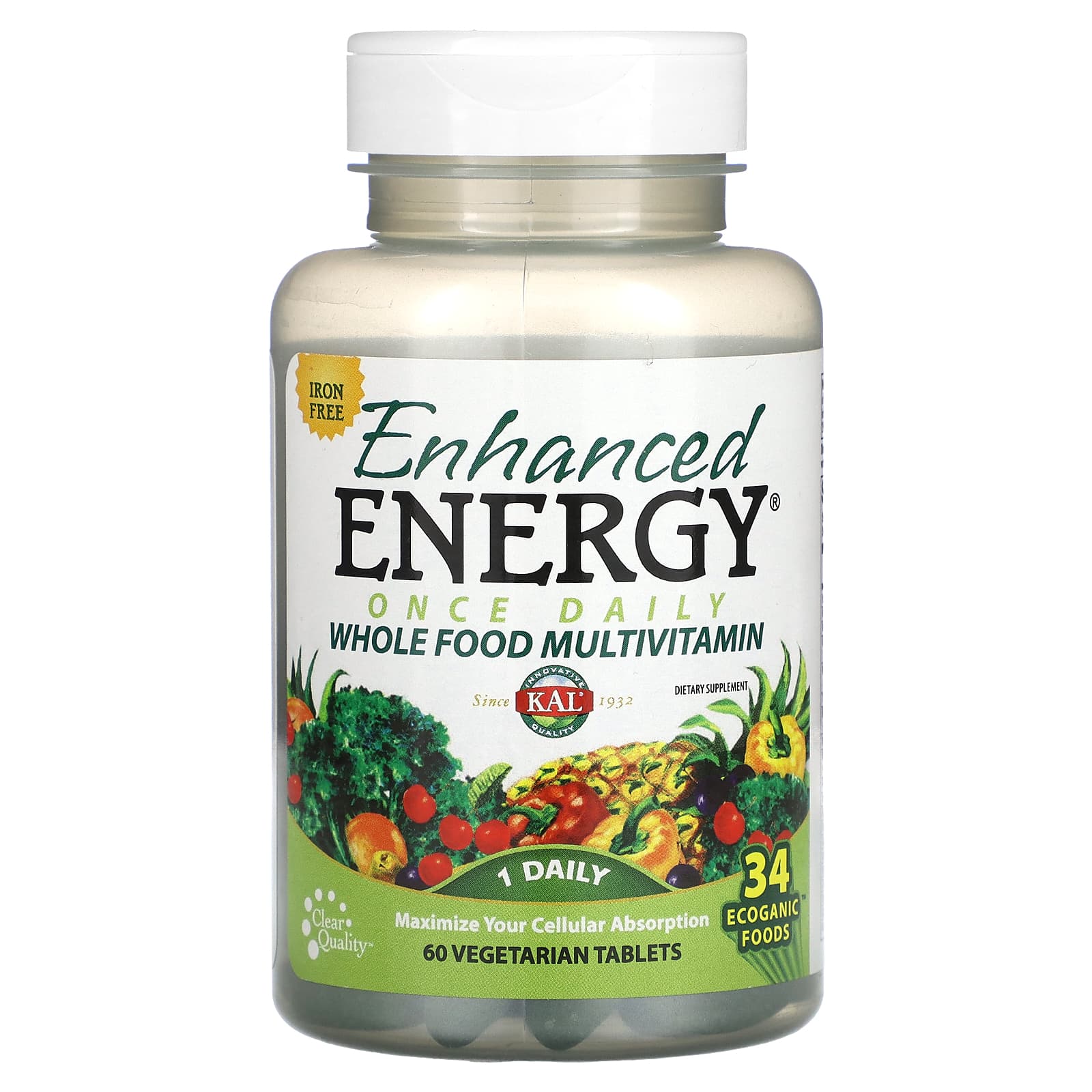 KAL, Enhanced Energy, Once Daily Whole Food Multivitamin, Iron Free, 60