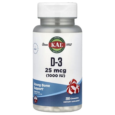 KAL, D-3, Mint Flavor, 25 mcg (1000 IU), 200 Chewable Tablets