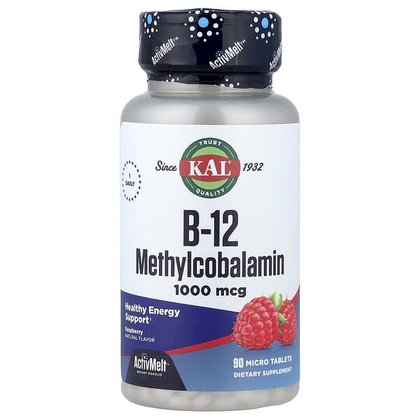 KAL B-12 Methylcobalamin, Raspberry, 1,000 mcg, 90 Micro Tablets