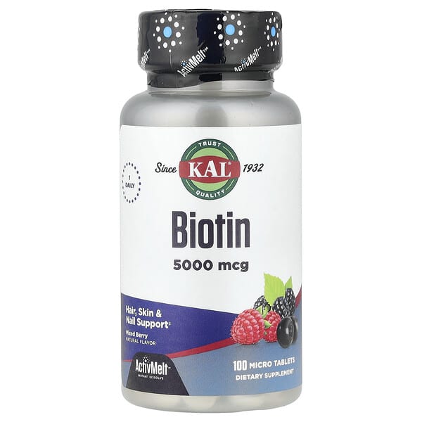 KAL, Biotin, Mixed Berry, 5,000 mcg, 100 Micro Tablets — product photo 1
