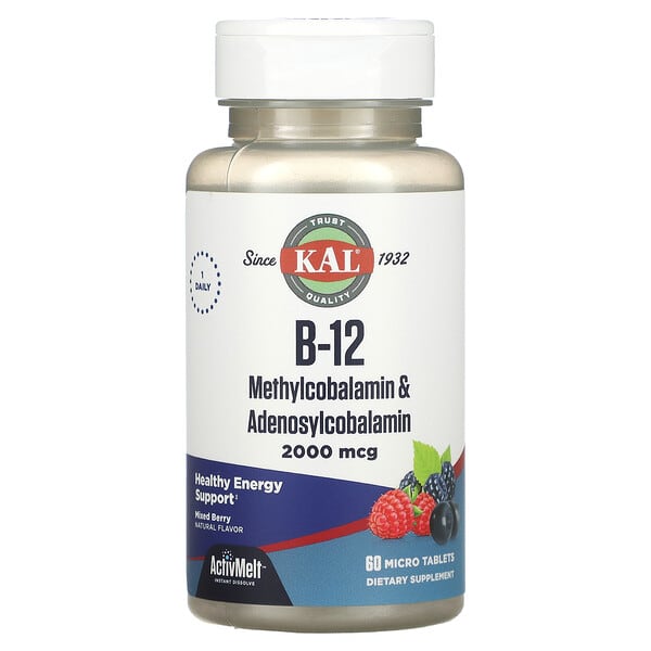 KAL, B-12, Mecobalamina e Adenosilcobalamina, Frutos Silvestres, 2.000 mcg, 60 Microcomprimidos