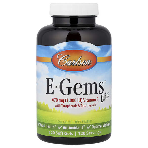Carlson, E-Gems® Elite，維生素 E，含生育酚和生育三烯酚，120 粒軟膠囊