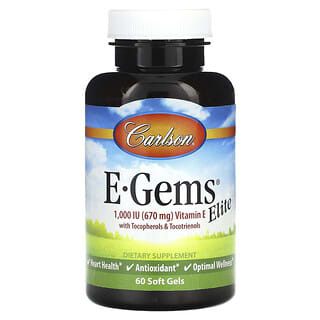 Carlson, E-Gems（イージェムズ）エリート、トコフェロール＆トコトリエノール配合ビタミンE、670mg（1,000 IU）、ソフトジェル60粒
