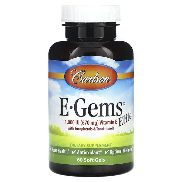 Carlson, E-Gems® Elite，維生素 E，含生育酚和生育三烯酚，670 毫克（1,000 國際單位），60 粒軟凝膠