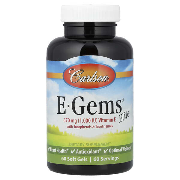 Carlson, E-Gems® Elite，維生素 E，含生育酚和生育三烯酚，60 粒軟膠囊