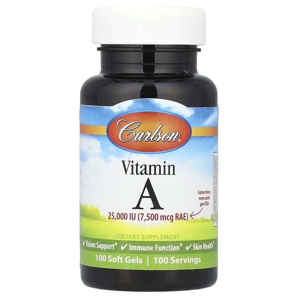Vitamin A, 7,500 mcg RAE (25000 IU), 100 Soft Gels