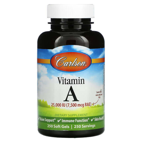 Carlson, Vitamin A, 7,500 mcg RAE (25,000 IU), 250 Soft Gels