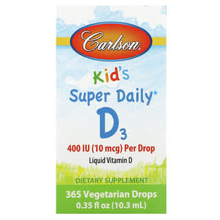 Carlson, Kids Super Daily D3, 10 мкг (400 МЕ), 365 вегетарианских капель, 10,3 мл (0,35 жидк. Унции)