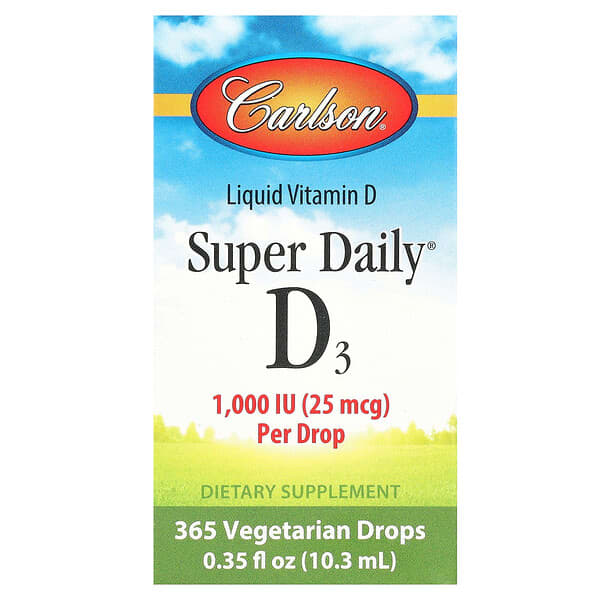 Carlson, 超級每日維生素 D3 滴劑，25 微克（1,000 國際單位），0.35 液量盎司（10 毫升）