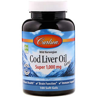 Carlson Labs, Aceite de hígado de bacalao noruego capturado en estado salvaje Cod Liver Oil Gems, Súper, 1000 mg, 100 cápsulas blandas
