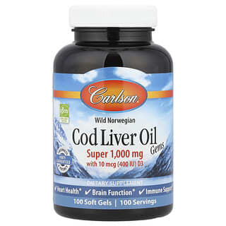 Carlson, Aceite de hígado de bacalao noruego capturado en estado salvaje Cod Liver Oil Gems, Súper, 1000 mg, 100 cápsulas blandas