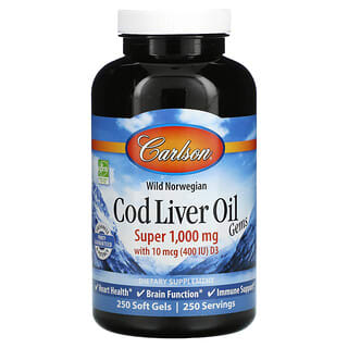 Carlson Labs, Cod Liver Oil Gems, капсулы из жира печени дикой норвежской трески, высшего качества, 1000 мг, 250 капсул