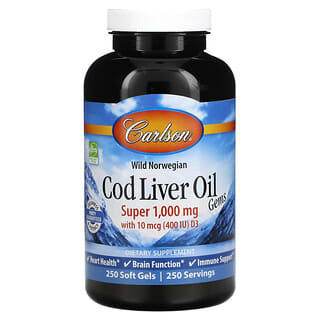 Carlson Labs, Cod Liver Oil Gems من سمك القد النرويجي البري، منتج فائق، 1000 ملجم، 250 كبسولة هلامية