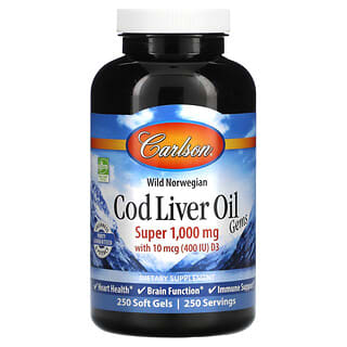 Carlson, Wild Norwegian, Cod Liver Oil Gems, Super 1.000 mg, 250 Cápsulas Softgel