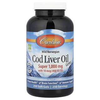 Carlson, Wild Norwegian, Cod Liver Oil Gems, Super 1.000 mg, 250 Cápsulas Softgel