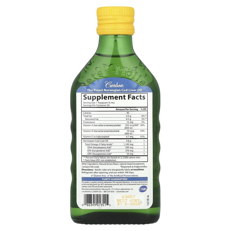 天然ノルウェー産、タラ肝油、天然レモン味、1,000mg、250ml
