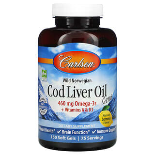 Carlson Labs, Noruego silvestre, Gemas de aceite de hígado de bacalao, Limón natural, 460 mg, 150 cápsulas blandas