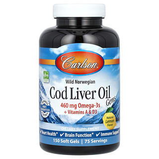 Carlson, Cod Liver Oil Gems, жир из печени норвежской трески дикого улова, с натуральным лимонным вкусом, 460 мг, 150 капсул (230 мг в 1 капсуле)