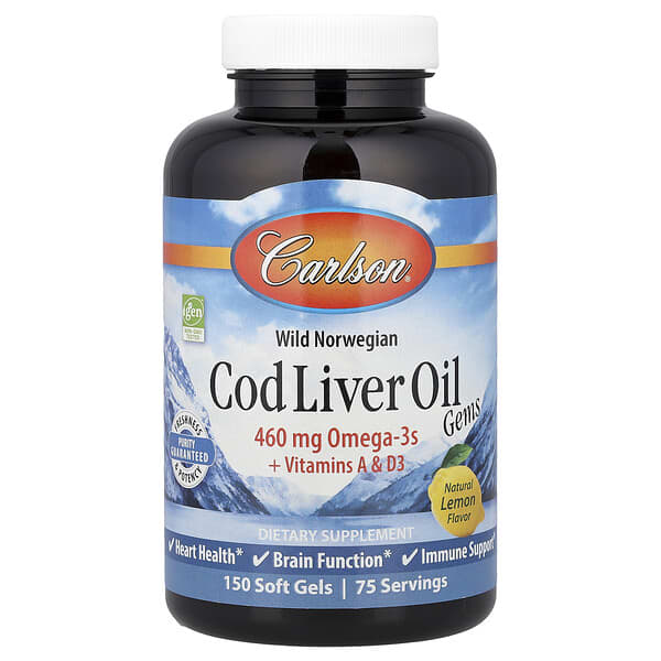 Carlson, Wild Norwegian, Cod Liver Oil Gems, Natural Lemon, 150 Soft Gels — product photo 1