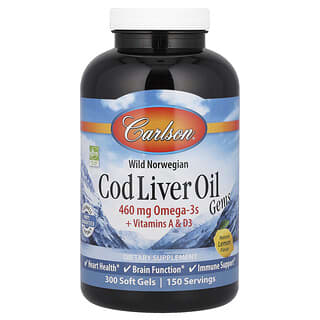 Carlson, Norvegiană sălbatică, pietre prețioase din ulei de ficat de cod, lămâie naturală, 460 mg, 300 geluri moi (230 mg per gel moale)