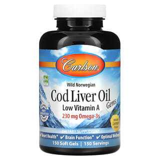 Carlson, Wild Norwegian, Cod Liver Oil Gems, Low Vitamin A, Natural Lemon , 230 mg, 150 Soft Gels