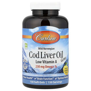 Carlson, Wild Norwegian, Cod Liver Oil Gems, Low Vitamin A, Natural Lemon, 150 Soft Gels