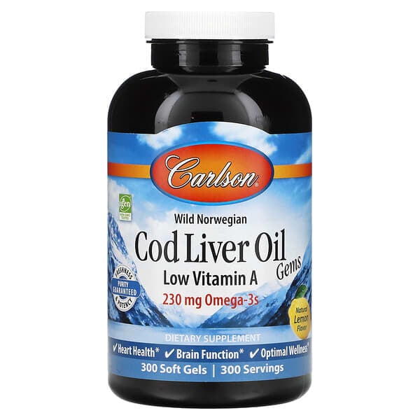 Carlson‏, Wild Norwegian, Cod Liver Oil Gems, Low Vitamin A, Natural Lemon, 230 mg, 300 Soft Gels