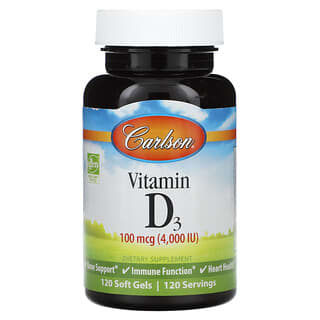 Carlson, Vitamina D3, 100 mcg (4.000 UI), 120 Cápsulas Softgel
