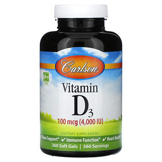 Carlson, Vitamina D3, 100 mcg (4.000 UI), 360 cápsulas moles