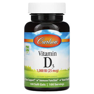 Carlson, Vitamine D3, 25 µg (1000 UI), 100 capsules molles