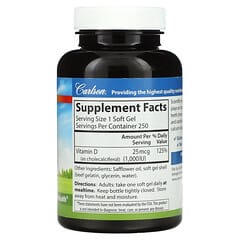 Carlson, Vitamin D3, 25 mcg (1,000 IU), 250 Soft Gels