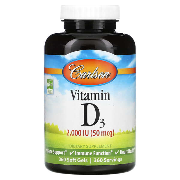 Carlson, витамин D3, 2000 МЕ (50 мкг), 360 мягких таблеток