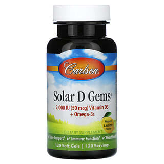 Carlson‏, Solar D Gems®‎, ויטמין D3 + אומגה 3, לימון טבעי, 120 כמוסות רכות