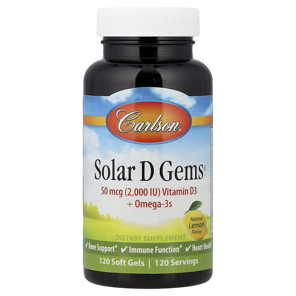 Solar D Gems®, Vitamin D3 + Omega-3s, Natural Lemon, 120 Soft Gels