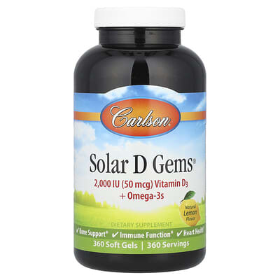 Carlson, Solar D Gem, Vitamin D3 + Omega-3s, Natural Lemon Flavor, 50 mcg (2,000 IU), 360 Softgels