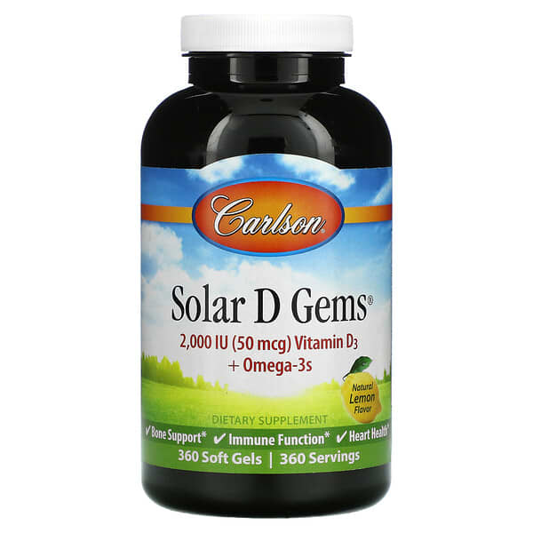 Carlson, Solar D Gems, Vitamina D3 y omega-3, Sabor natural a limón, 50 mcg (2000 UI), 360 cápsulas blandas