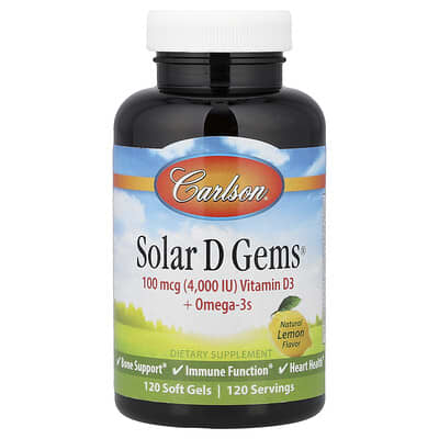 Carlson, Solar D Gems®, Vitamin D3+Omega-3s, Natural Lemon Flavor, 120 Softgels