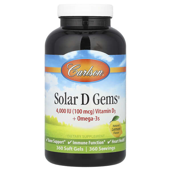 Carlson Solar D Gems®, Vitamin D3 + Omega-3s, Natural Lemon, 360 Soft Gels supplement bottle