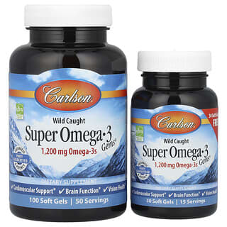 Carlson, Super Omega-3 Gems, Suplemento de omega-3 provenientes de peces capturados en estado salvaje, 1200 mg, 100 + 30 cápsulas blandas (600 mg por cápsula blanda)