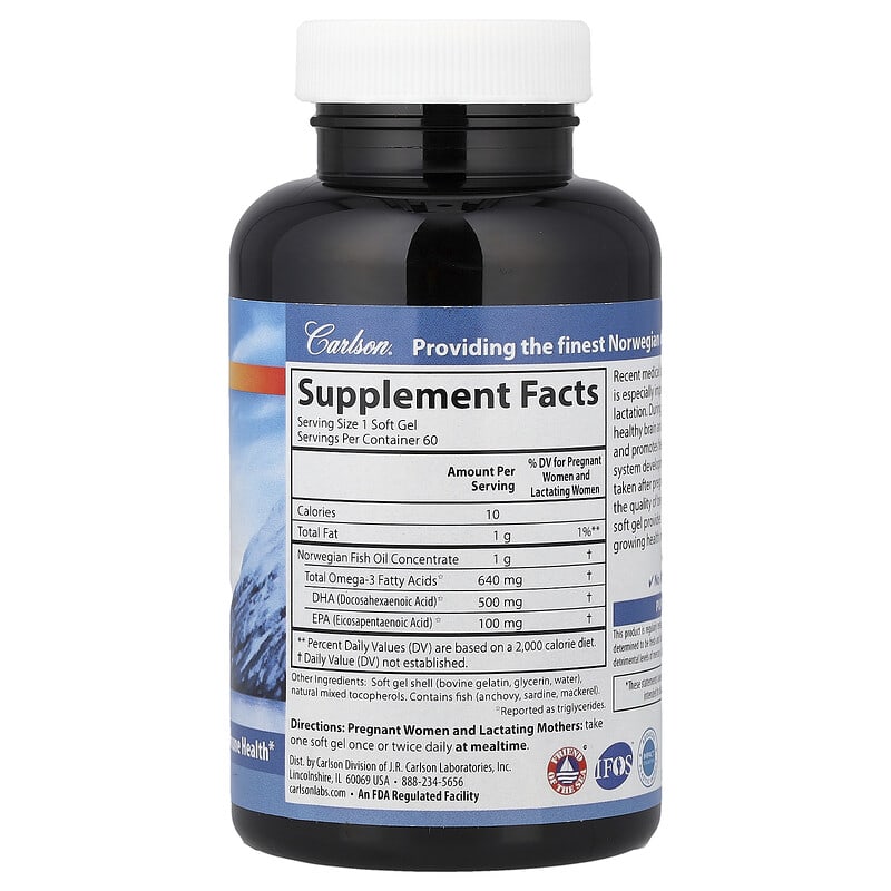 Купить Carlson, омега-3 для мам, 500 мг, 60 капсул