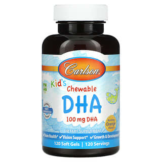 Carlson Labs, DHA mastigável para crianças, Sabor Laranja Explosivo, 100 mg, 120 Cápsulas Softgel